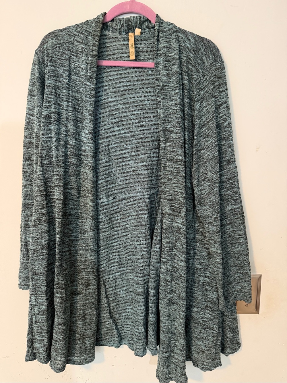 Comfy USA Textured Open Front Cardigan Large Green  Black Draped Sweater